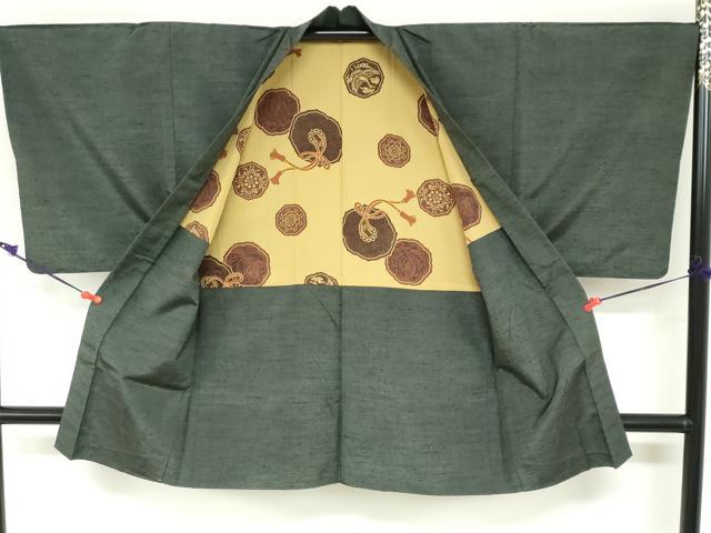 平和屋着物○男性 紬 アンサンブル 深緑色 正絹 逸品 DABA1080ps｜平和