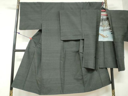 平和屋着物●男性　紬　アンサンブル　黒緑色　正絹　逸品　DAAZ7840ud