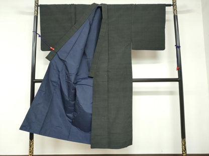 平和屋着物●男性　紬　アンサンブル　黒緑色　正絹　逸品　DAAZ7840ud