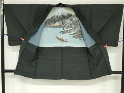 平和屋着物●男性　紬　アンサンブル　黒緑色　正絹　逸品　DAAZ7840ud