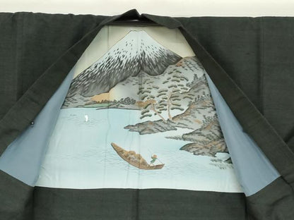 平和屋着物●男性　紬　アンサンブル　黒緑色　正絹　逸品　DAAZ7840ud