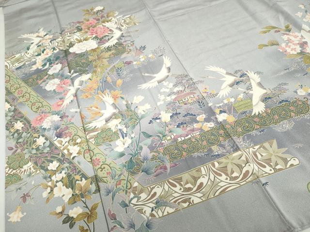 平和屋着物●豪華色留袖　友禅　作家物　飛鶴風景草花文　正絹　逸品　DAAZ7858ud 平和屋着物○豪華色留袖 友禅 作家物 飛鶴風景草花文 正絹