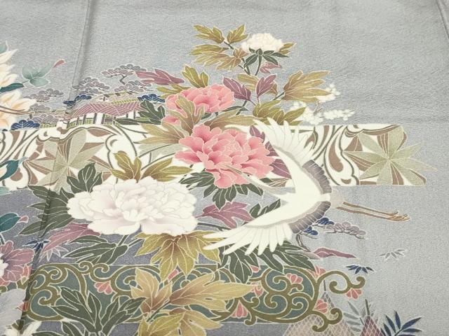 平和屋着物○豪華色留袖 友禅 作家物 飛鶴風景草花文 正絹