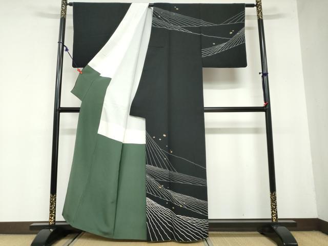 平和屋着物○訪問着 作家物 斜縞 黒地 鈴乃屋扱い 正絹 逸品 AABC3680ph