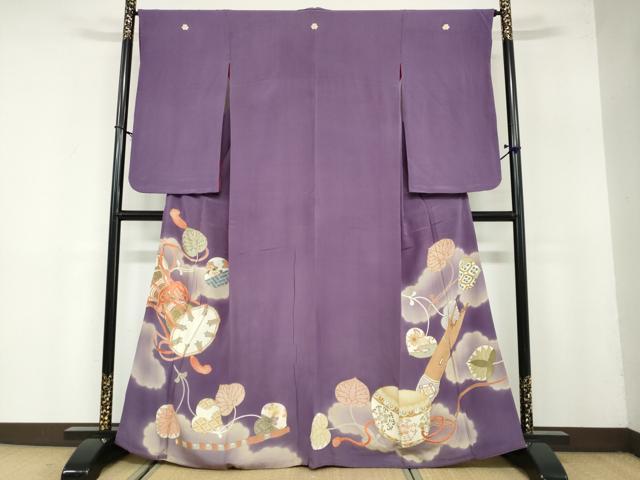 超美品　アンティーク　袷　絹　着物　色留袖　145 紫　手書き　刺繍　大正ロマン 平和屋着物○アンティーク 大正ロマン 色留袖 駒刺繍 楽器草花文 金銀彩