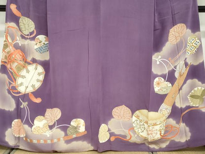 平和屋着物●アンティーク　大正ロマン　色留袖　駒刺繍　楽器草花文　金銀彩　正絹　逸品　DAAZ7941ud