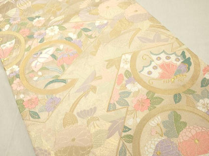 平和屋着物◎六通柄袋帯　唐織　松皮菱花蝶丸文　金糸　正絹　逸品　DAAZ8082cd