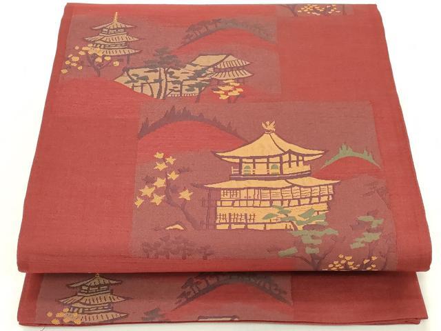 平和屋着物◎六通柄袋帯　風景文　赤紅色　正絹　逸品　DAAZ8141cd