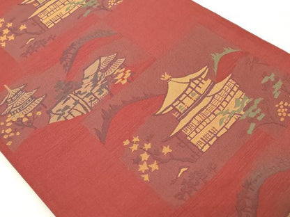 平和屋着物◎六通柄袋帯　風景文　赤紅色　正絹　逸品　DAAZ8141cd