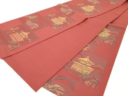 平和屋着物◎六通柄袋帯　風景文　赤紅色　正絹　逸品　DAAZ8141cd