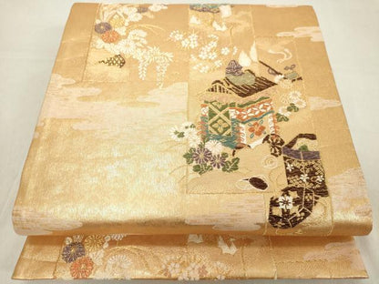 平和屋着物◎六通柄袋帯 短冊風景花文 金糸 引箔 正絹 逸品 DAAZ8189cd