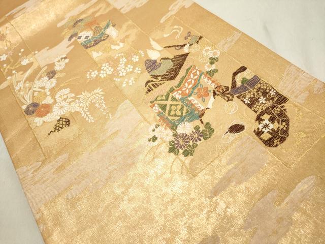 平和屋着物◎六通柄袋帯 短冊風景花文 金糸 引箔 正絹 逸品 DAAZ8189cd