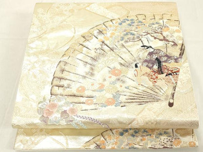 平和屋着物◎六通柄袋帯　彩絵桧扇文　金糸　正絹　逸品　DAAZ8212cd