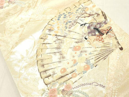 平和屋着物◎六通柄袋帯　彩絵桧扇文　金糸　正絹　逸品　DAAZ8212cd