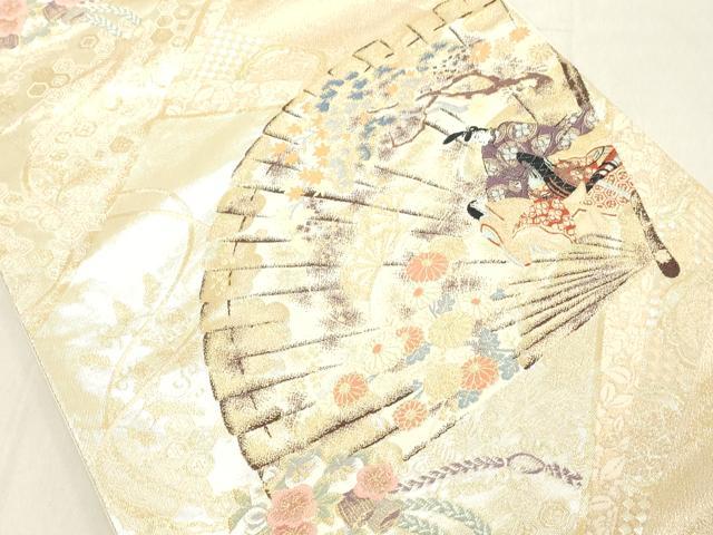 平和屋着物◎六通柄袋帯　彩絵桧扇文　金糸　正絹　逸品　DAAZ8212cd