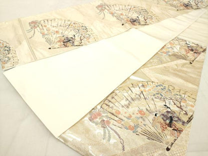 平和屋着物◎六通柄袋帯　彩絵桧扇文　金糸　正絹　逸品　DAAZ8212cd