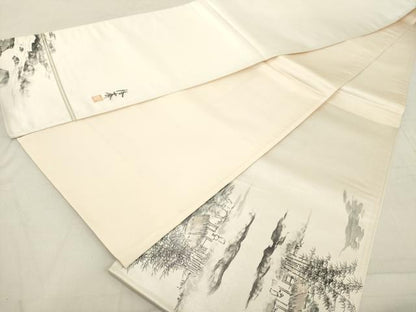 平和屋着物◎太鼓柄袋帯　作家物　手描き　風景文　引箔　正絹　逸品　DAAZ8228cd