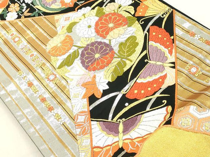 平和屋着物◎六通柄袋帯　唐織　吉祥花蝶丸文　黒地　金銀糸　正絹　逸品　DAAZ8235cd