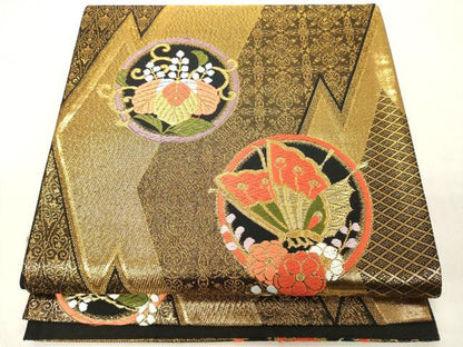 平和屋着物◎六通柄袋帯 唐織 花蝶丸文 黒地 金糸 鈴乃屋扱い 正絹 逸品 DAAZ8326cd