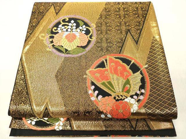 平和屋着物◎六通柄袋帯 唐織 花蝶丸文 黒地 金糸 鈴乃屋扱い 正絹 逸品 DAAZ8326cd