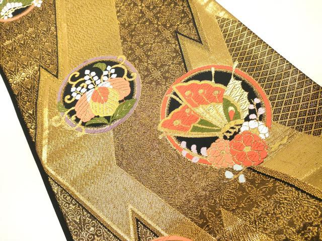 平和屋着物◎六通柄袋帯 唐織 花蝶丸文 黒地 金糸 鈴乃屋扱い 正絹 逸品 DAAZ8326cd