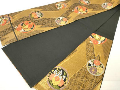 平和屋着物◎六通柄袋帯 唐織 花蝶丸文 黒地 金糸 鈴乃屋扱い 正絹 逸品 DAAZ8326cd