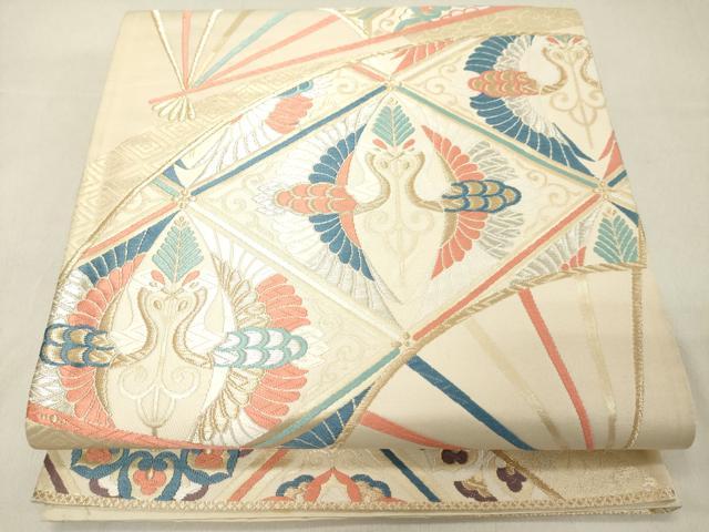 平和屋着物◎六通柄袋帯 唐織 扇面双鶴花文 金銀糸 正絹 逸品 DAAZ8378cd