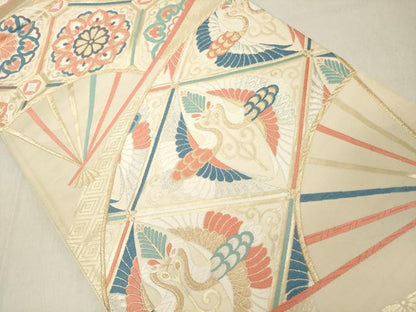 平和屋着物◎六通柄袋帯 唐織 扇面双鶴花文 金銀糸 正絹 逸品 DAAZ8378cd