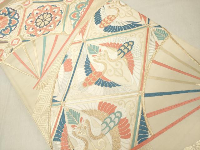 平和屋着物◎六通柄袋帯 唐織 扇面双鶴花文 金銀糸 正絹 逸品 DAAZ8378cd