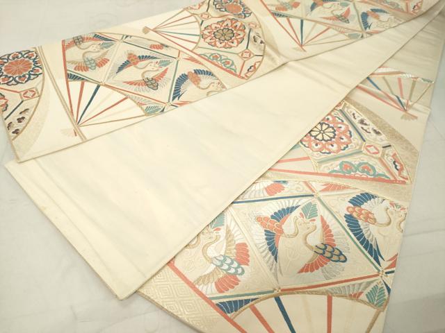 平和屋着物◎六通柄袋帯 唐織 扇面双鶴花文 金銀糸 正絹 逸品 DAAZ8378cd