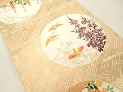 平和屋着物◎六通柄袋帯 唐織 飛鶴吉祥花丸文 金糸 引箔 正絹 逸品 DAAZ8382cd