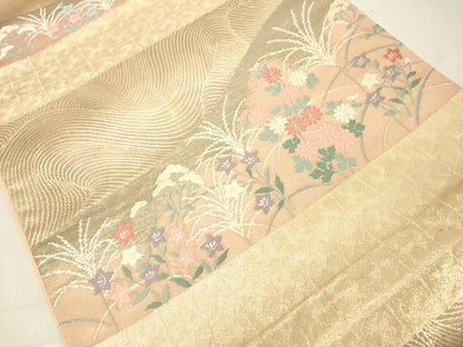 平和屋着物◎六通柄袋帯 横段秋草文 金糸 正絹 逸品 DAAZ8388cd
