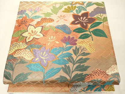 平和屋着物◎両面　六通柄袋帯　唐織　窓秋草文様　金糸　正絹　逸品　DAAZ8406cd