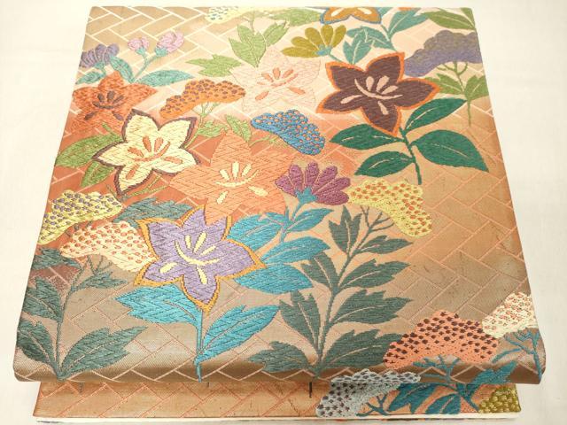 平和屋着物◎両面　六通柄袋帯　唐織　窓秋草文様　金糸　正絹　逸品　DAAZ8406cd