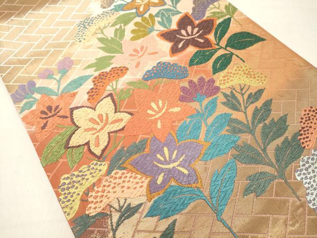 平和屋着物◎両面　六通柄袋帯　唐織　窓秋草文様　金糸　正絹　逸品　DAAZ8406cd