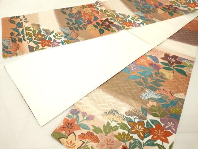 平和屋着物◎両面　六通柄袋帯　唐織　窓秋草文様　金糸　正絹　逸品　DAAZ8406cd