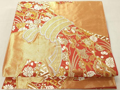 平和屋着物◎六通柄袋帯 唐織 束ね熨斗吉祥花文 金糸 正絹 逸品 DAAZ8420cd