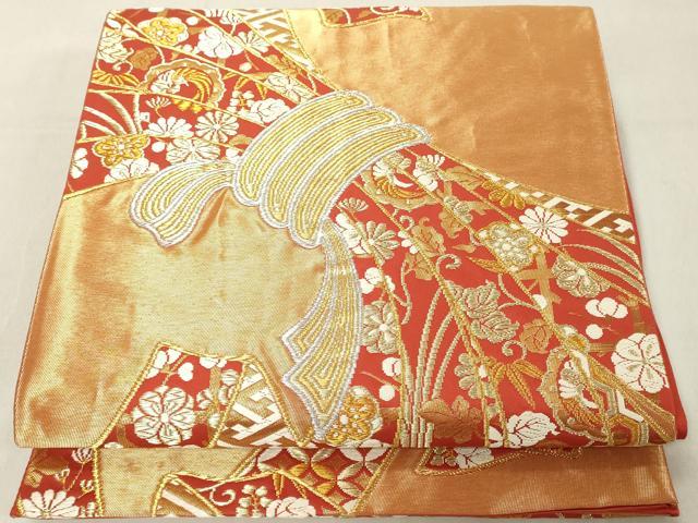 平和屋着物◎六通柄袋帯 唐織 束ね熨斗吉祥花文 金糸 正絹 逸品 DAAZ8420cd