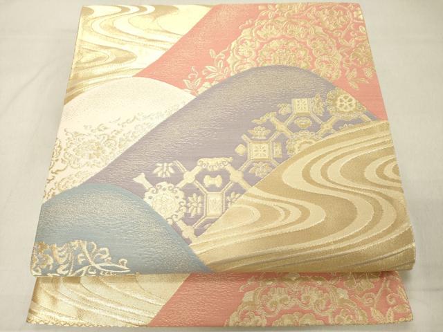 平和屋着物◎六通柄袋帯　重ね山草花文　金糸　正絹　逸品　DAAZ8425cd