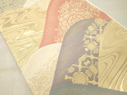 平和屋着物◎六通柄袋帯　重ね山草花文　金糸　正絹　逸品　DAAZ8425cd
