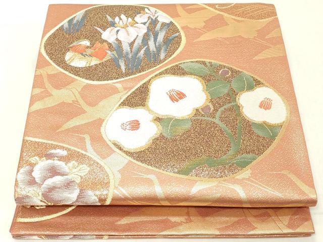 平和屋着物◎六通柄袋帯　飛鶴鴛鴦花文　金糸　正絹　逸品　DAAZ8426cd