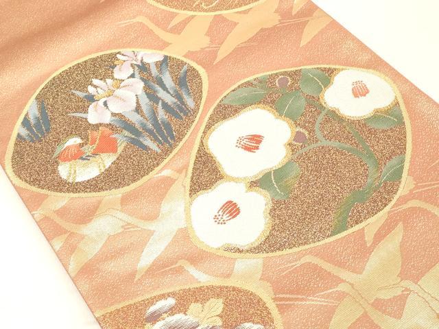 平和屋着物◎六通柄袋帯　飛鶴鴛鴦花文　金糸　正絹　逸品　DAAZ8426cd