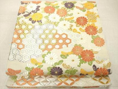 平和屋着物◎六通柄袋帯 唐織 吉祥花文 菊 金銀糸 正絹 逸品 DAAZ8436cd