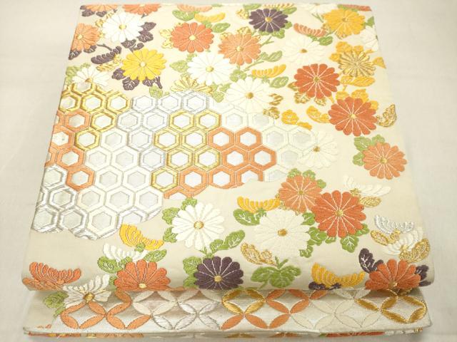 平和屋着物◎六通柄袋帯 唐織 吉祥花文 菊 金銀糸 正絹 逸品 DAAZ8436cd