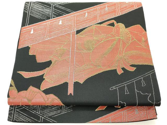 平和屋着物◎六通柄袋帯 人物文 十二単 黒地 銀糸 DAAZ8438cd