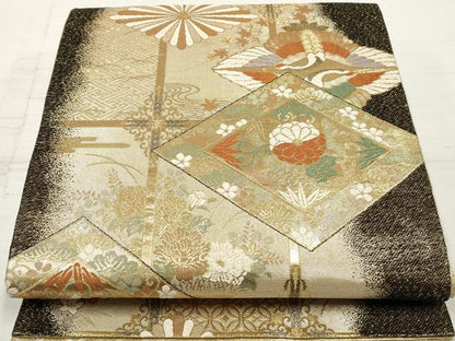 平和屋着物◎佐賀錦　六通柄袋帯　唐織　向かい鶴花菱文　金糸　正絹　逸品　DAAZ8562qa