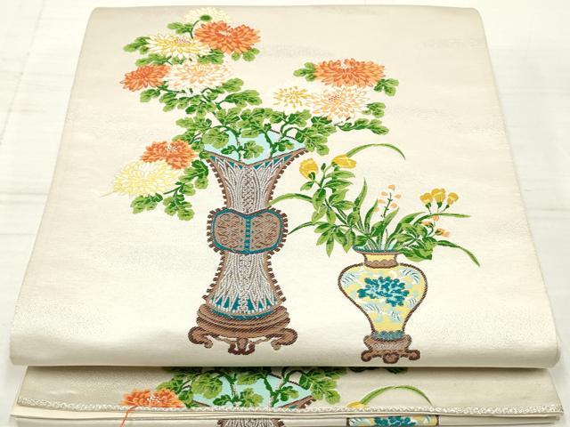 平和屋着物◎六通柄袋帯　唐織　飾花文　銀糸　正絹　逸品　DAAZ8591qa