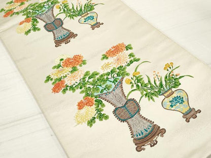 平和屋着物◎六通柄袋帯　唐織　飾花文　銀糸　正絹　逸品　DAAZ8591qa