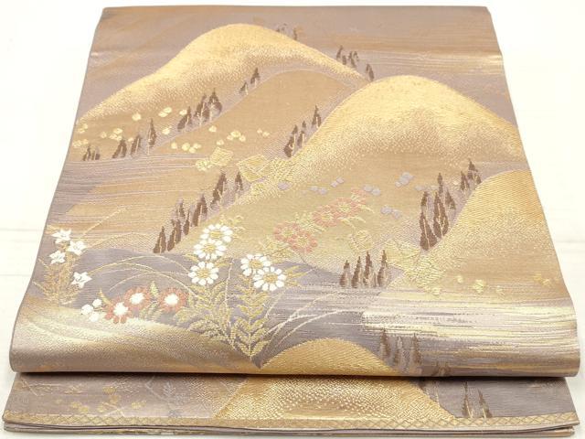 平和屋着物◎六通柄袋帯　唐織　重ね山風景花文　金糸　正絹　逸品　DAAZ8599qa