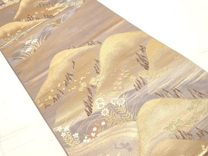 平和屋着物◎六通柄袋帯　唐織　重ね山風景花文　金糸　正絹　逸品　DAAZ8599qa